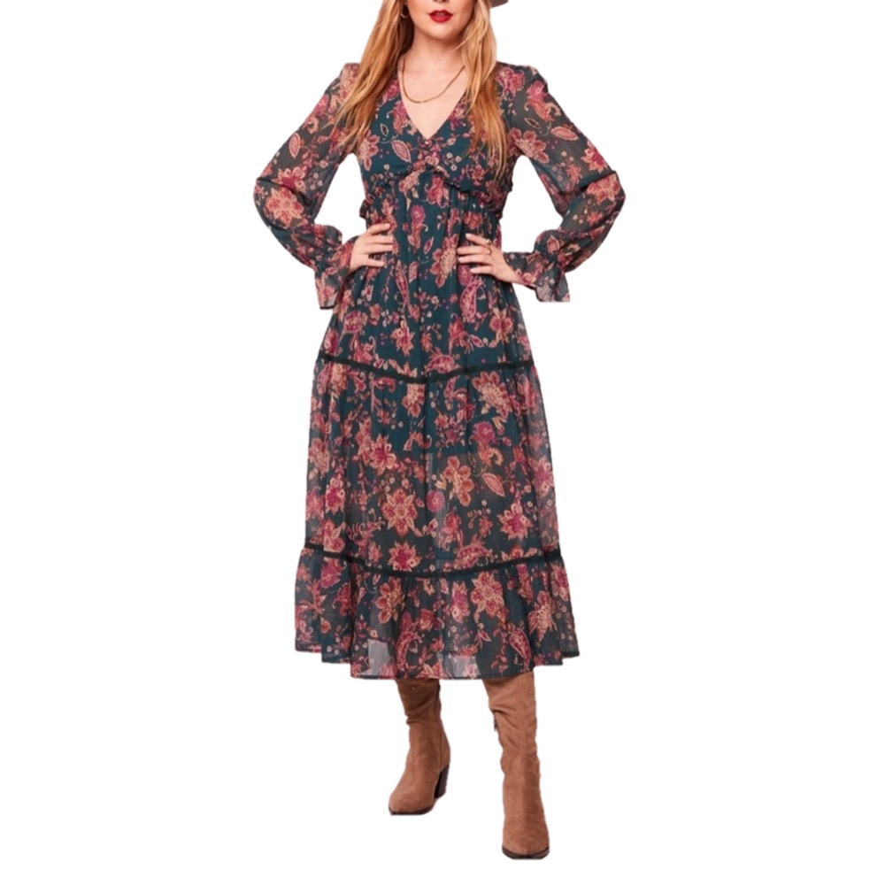 BAND OF THE FREE Women’s size Large chiffon Boho Midi paisley dress NWT